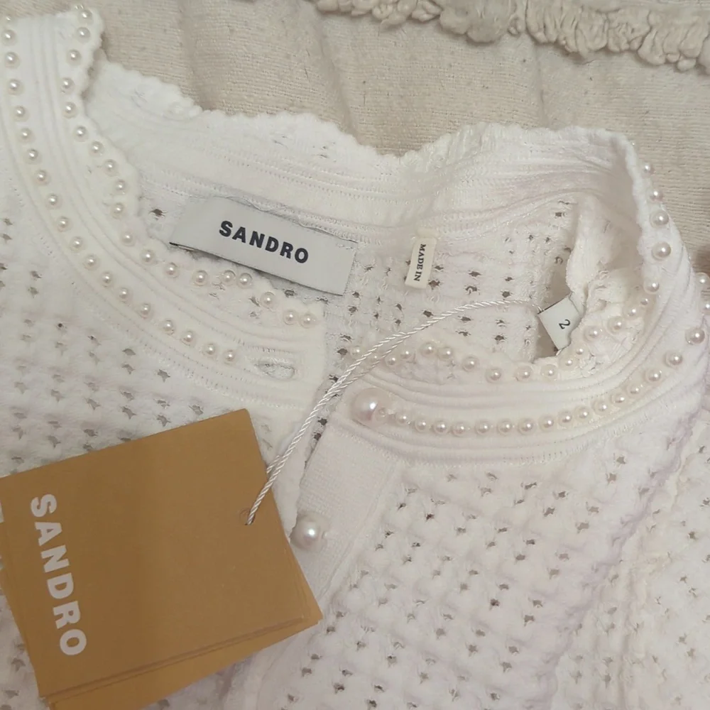 NWT Sandro White Knit Top - Roxelane Short Sleeve Sweater Size Small - Picture 5 of 5